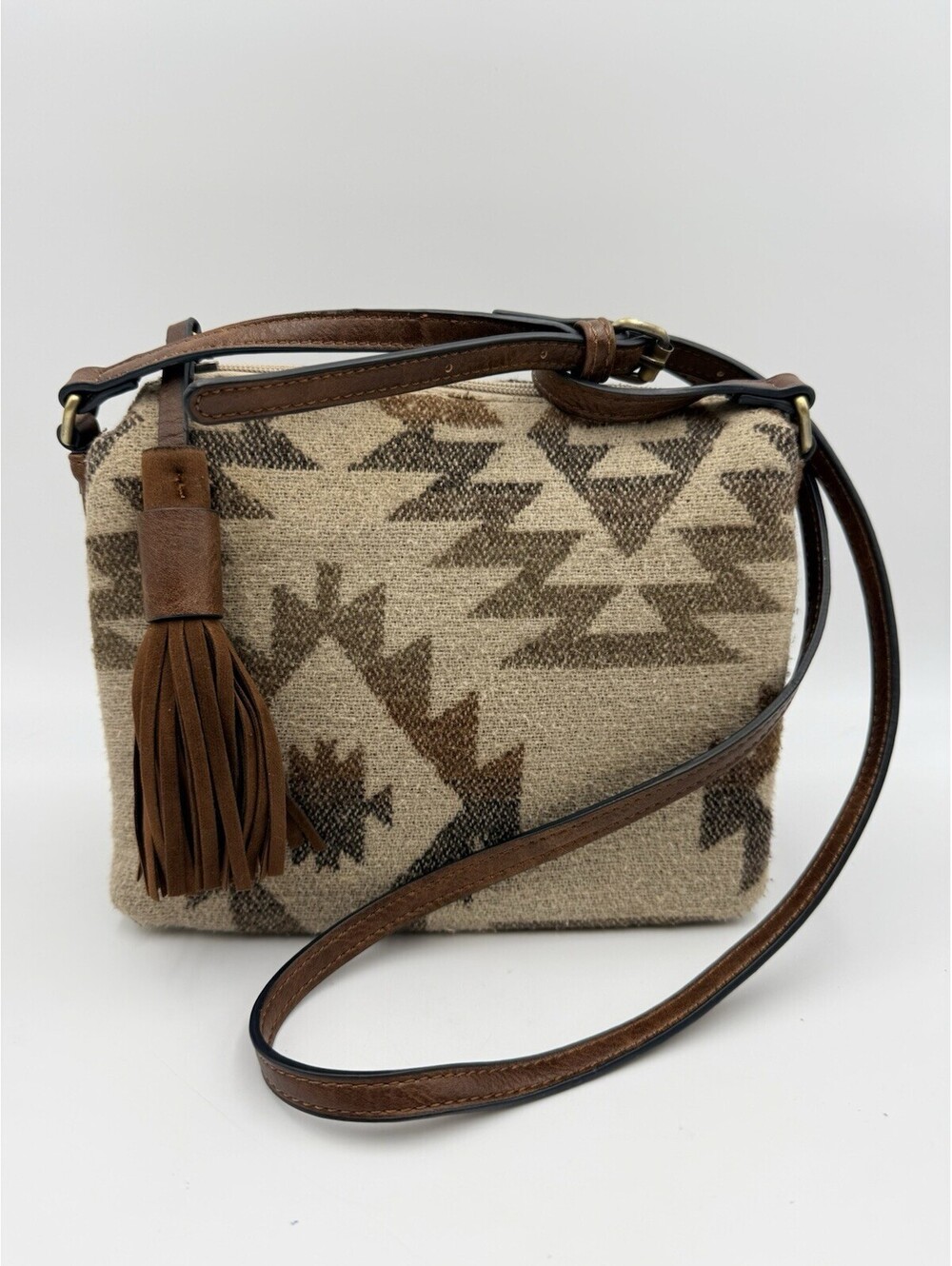 Jen & Co Aztec Southwest Brown Tribal Fabric Vegan Crossbody Bag Purse 9x8